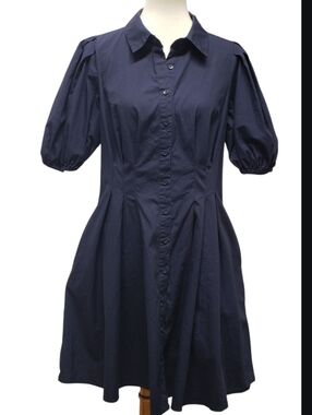 Calvin Klein Puff Sleeve Button Down Shirt Dress Fit Flare Size 10 Navy Cottage